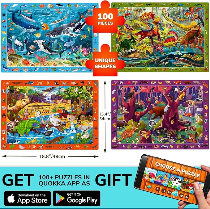 100 Piece Puzzles for Kids Ages 6-8 - 4 Jigsaw Kids Puzzles Ages 4-6 | Search and Find Educational Puzzles for Kids Ages 8-10 with Animals and Dinosaurs - Learning Kids Puzzles Ages 5-8