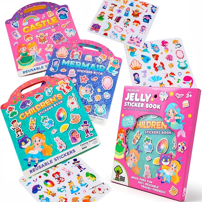 Premium Reusable Jelly Sticker Book Set for Toddlers & Kids – 3 Pack Collection with Castle, Mermaid & Children's Scenes | Washable Silicone Stickers | Screen-Free Travel Activity