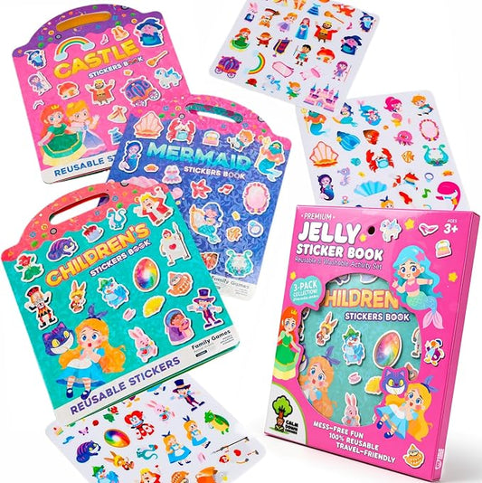 Premium Reusable Jelly Sticker Book Set for Toddlers & Kids – 3 Pack Collection with Castle, Mermaid & Children's Scenes | Washable Silicone Stickers | Screen-Free Travel Activity