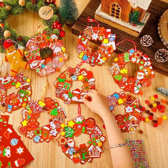 Hollowfly 48 Sets Christmas Wreath Craft Kits, Gingerbread DIY Ornaments | Foam Wreath Bases with Gingerbread Stickers, Hanging Ornaments for Kids, Christmas Party Activities and Classroom Crafts