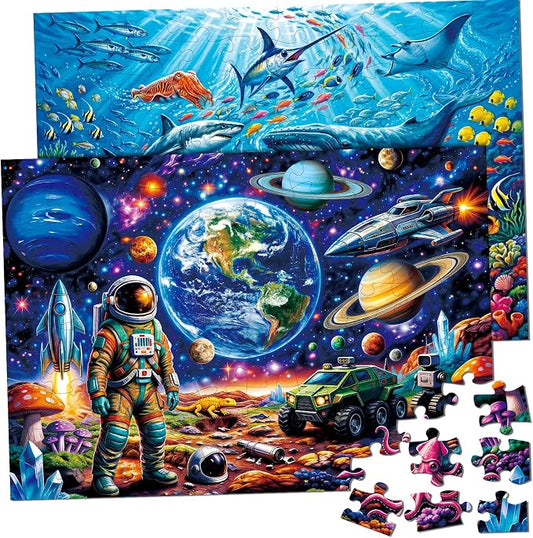 2-Pack Puzzles for Kids Ages 4-6, 100-Piece Puzzles for Kids Ages 6-8 – Space & Ocean, Educational Puzzles for Boys and Girls, Ages 3+(Space & Ocean) | 2-in-1 Space & Ocean Puzzle Set | Educational Puzzles for Ages 6-8, Age-Appropriate Learning Toys, A...