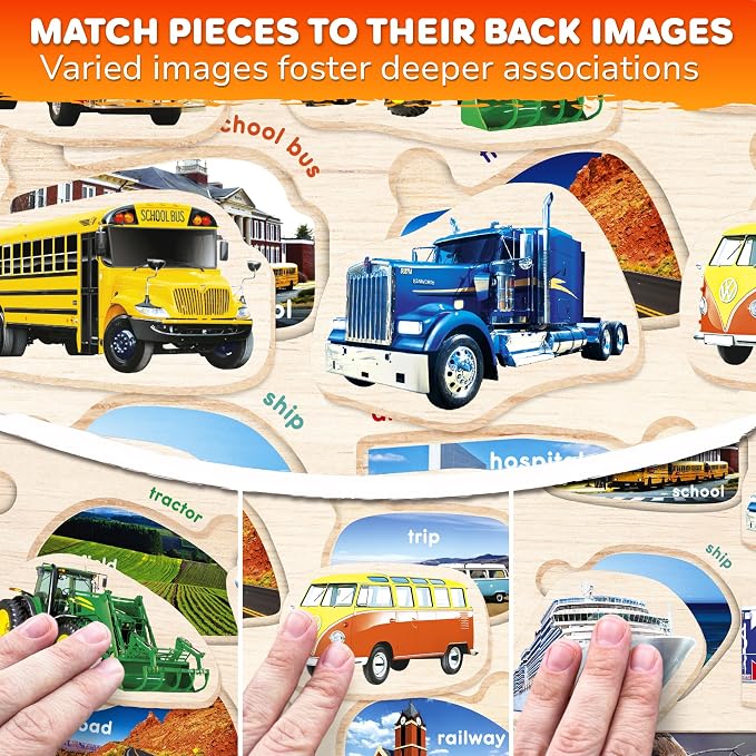 Wooden Puzzles for Toddlers 1-3 - 3 Montessori Kids Puzzles Ages 2-4 | Educational Realistic Wood Toddlers Puzzles ages 3-5 — Learning Fruits, Cars and Vegetables for Boy and Girl