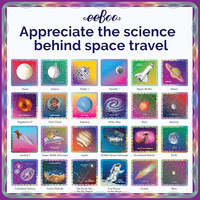 eeBoo Shiny Space Memory & Matching Game, Ages 5+, 1-6 Players | Introduces space & science vocabulary. Sharpens recognition, concentration & memory skills. Includes 48 foil tiles, 24 pairs