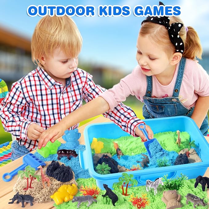 Billeeit. Animal Sensory Bin Sand Toy | Play Sand Kit w/lid and 2.2lbs Moldable Sensory Sand, Molds, Tools, Map Set 30+pcs Total, Fun Gifts for Kids 3+