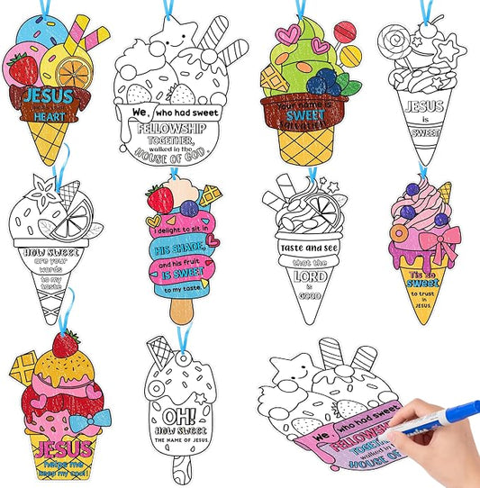 ANGOLIO Ice Cream Coloring Crafts Kits - 83Pcs Summer Ice Cream Coloring Paper Cards Hanging Ornaments Cute Dessert Jesus Religious DIY Art Painting Kit for Holiday Party Supplies Art Activities Decor