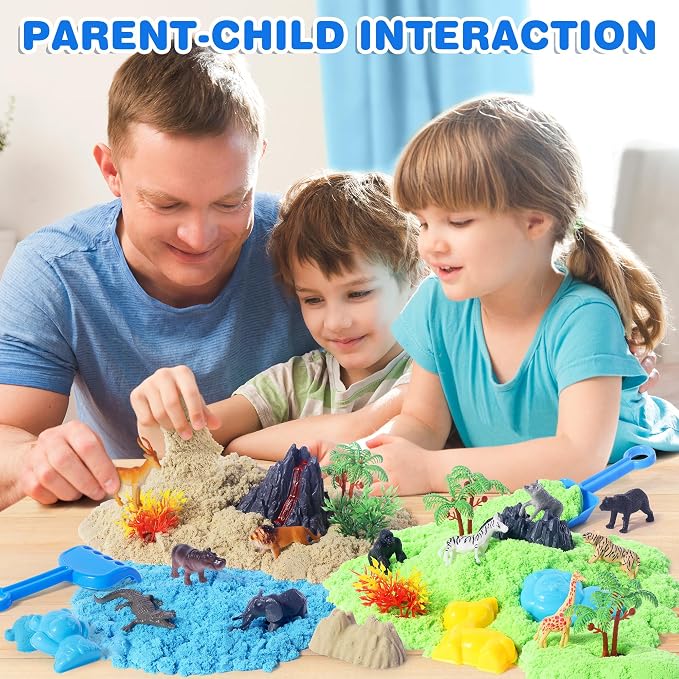 Billeeit. Animal Sensory Bin Sand Toy | Play Sand Kit w/lid and 2.2lbs Moldable Sensory Sand, Molds, Tools, Map Set 30+pcs Total, Fun Gifts for Kids 3+