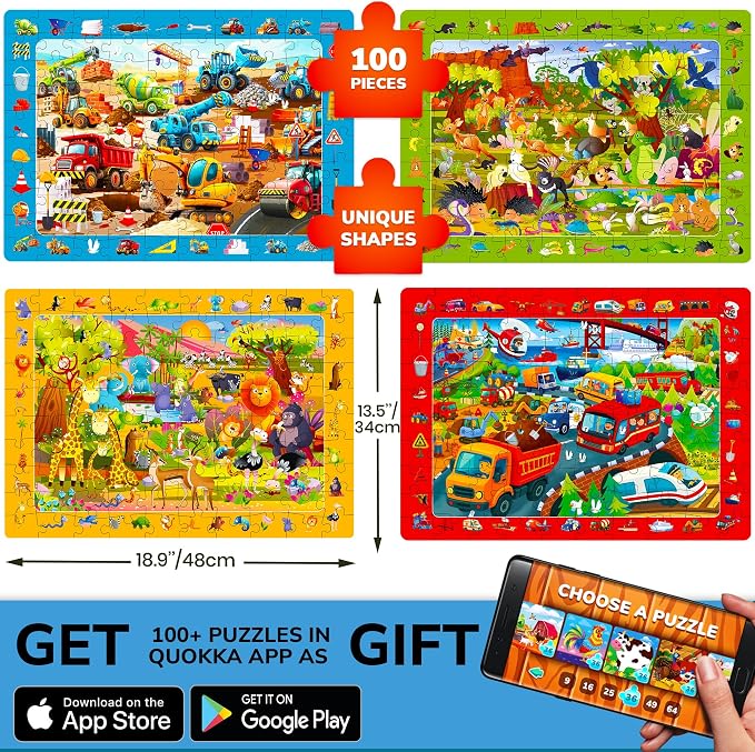 100 Piece Puzzles for Kids Ages 4-6 - 4 Jigsaw Kids Puzzles Ages 6-8 | Search and Find Educational Kids Puzzles Ages 5-8 with Animals and Cars – Toddler Learning Toy Gift for Boys and Girls