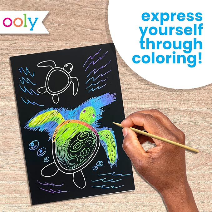 Ooly Scratch & Scribble Art Kit, 8 Cards, Sticker Sheet – Ocean Life | Ages 6+, Wooden Stylus and Stickers Included, Screen-Free Portable Car and Airplane Travel Activity, Gift for Kids