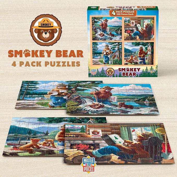 MasterPieces Puzzle Set - 4-Pack 100 Piece Jigsaw Puzzle for Kids - Smokey Bear 4-Pack - 8"x10"