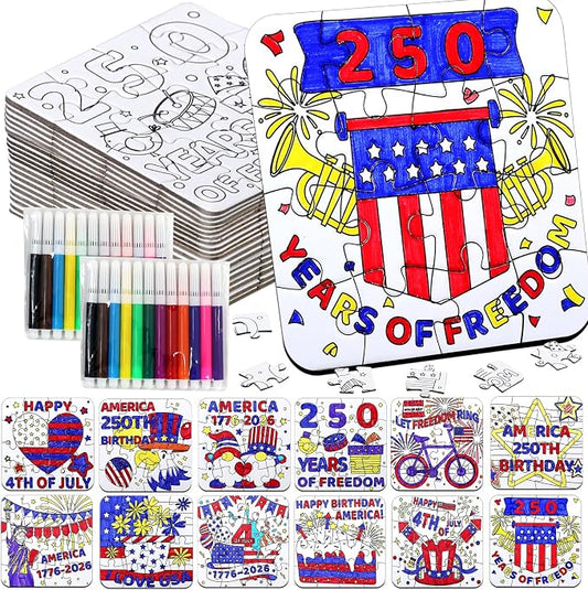 24 Sets 250th Anniversary 4th of July Crafts for Kids, Patriotic Crafts Activities DIY Puzzle Kits Red White Blue Star Flag Independence Day Memorial Day Jigsaw Painting Art gift Party Favors Supplies