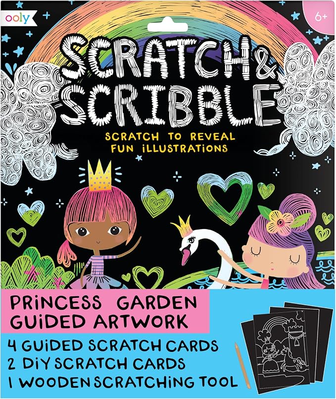 Ooly Scratch & Scribble Art Kit, 8 Cards, Sticker Sheet – Princess Garden | Ages 6+, Wooden Stylus and Stickers Included, Screen-Free Portable Car and Airplane Travel Activity, Gift for Kids