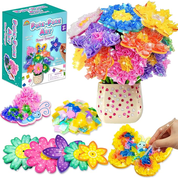 AGENTLAN Poke Art Bouquet Craft Kit,Mess-Free 3D Crafts for Kids Ages 3-8 | Glue free with flower pot,poke in foam flowers, butterflies,DIY arts and crafts gift for toddlers