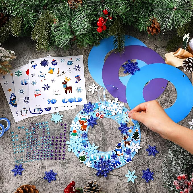 Hollowfly 48 Sets Winter Snowflake Wreath Craft Kits | Snowman, Penguin, Elk, Sweater and Snowflake Stickers, 7.09 in Paper Wreaths, for Winter and Christmas Group Activities
