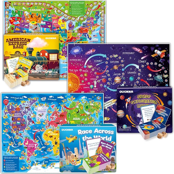 3 Learning Board Games for Kids 8-12 - Educational Trivia Cards Ages 6-8 | Travel United States - World Map - Explore Outer Space - Games Gift for Children Ages 4-8 and Teens