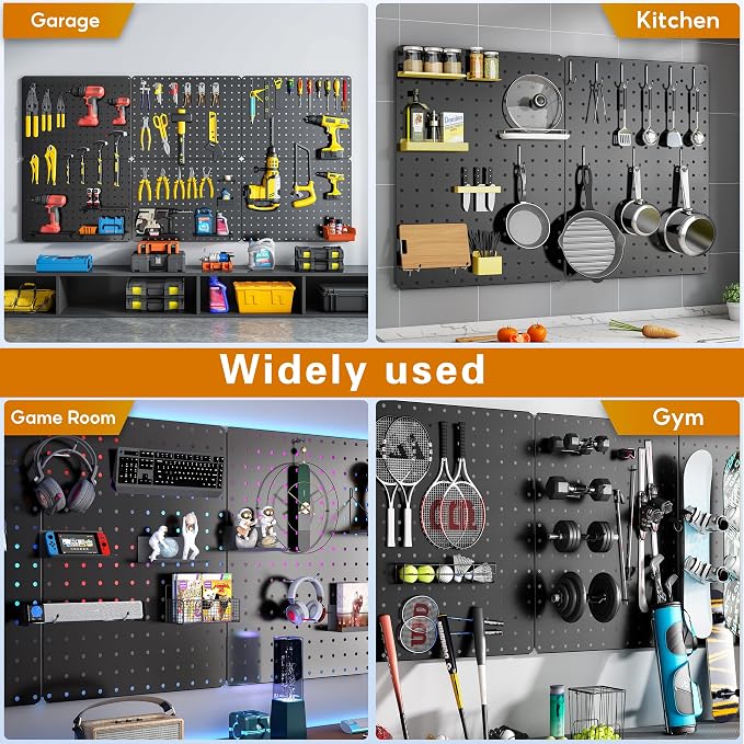 Peg Board, 112PCS Heavy Duty Metal Pegboard with Hooks, 6 Pack Black Peg Board Panels, 60lbs Load Capacity Each, Pegboard Wall Organizer for Garage, Workshop, Kitchen, Craft Rooms