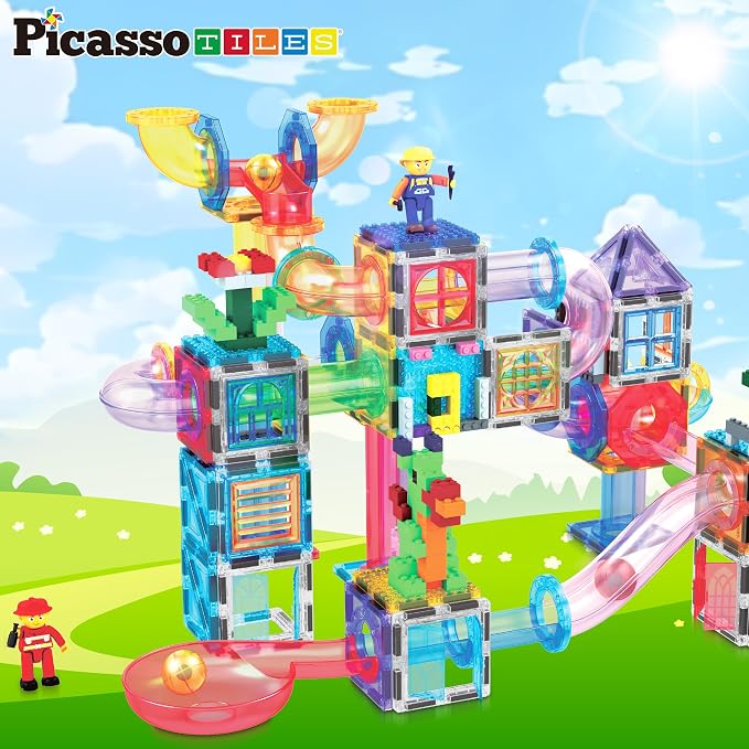 PicassoTiles 650PCS Magnetic Marble Run Tiles and Brick Combo Magnet Tile Building Blocks Magnet Set with Character Action Figures Educational Preschool Learning Toys for Kids Toddlers Ages 3+ PB650