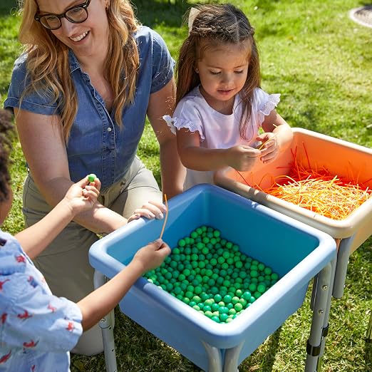 ECR4Kids 2-Station Sand and Water Adjustable Play Table, Sensory Bins, Sand/Powder Blue | Durable plastic/steel, GREENGUARD Gold Certified, 3-5 years, 80 lb capacity, adjustable legs, easy-lift lids, indoor/outdoor