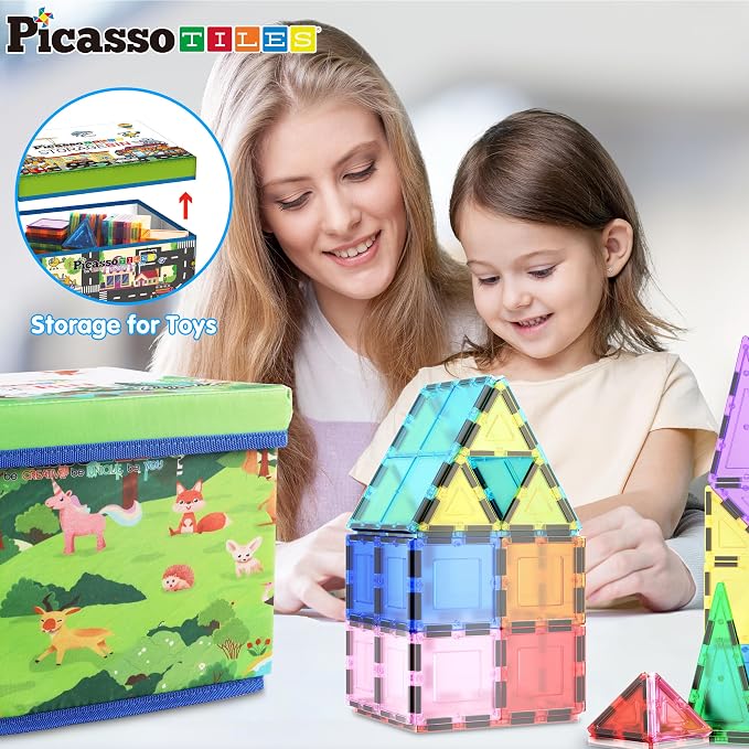 PicassoTiles Foldable Toy Storage Chest Box Forest Animal Theme Magnet Tile Organization Bin with Lid and Handles Magnetic Tiles Playroom Organizer STEM Early Educational Toys Boys Girls Ages 3+ PTA34