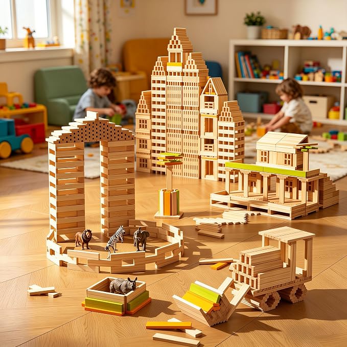 Premium 300 Pcs Rainbow Wooden Building Planks Kit, Open-Ended Creative Building Blocks Set for Kids Ages 3-12,Colorful Pine STEM Construction Toys - Educational Sorting & Patterning Gift (4.65 in)