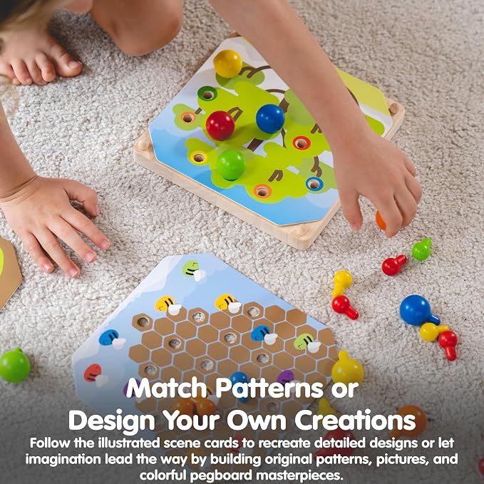 PlanToys® Creative Peg Board Wooden Toy for Kids Ages 3+ Montessori Set | pegs, holes, pattern blocks, colorful pieces, girls, boys, imaginative fine motor hand-eye coordination gift preschool set