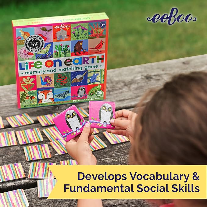 eeBoo Life on Earth Memory & Matching Game, Ages 3+, 1-4 Players | Introduces global flora & fauna. Sharpens recognition, concentration & memory skills. Includes 48 tiles, 24 pairs