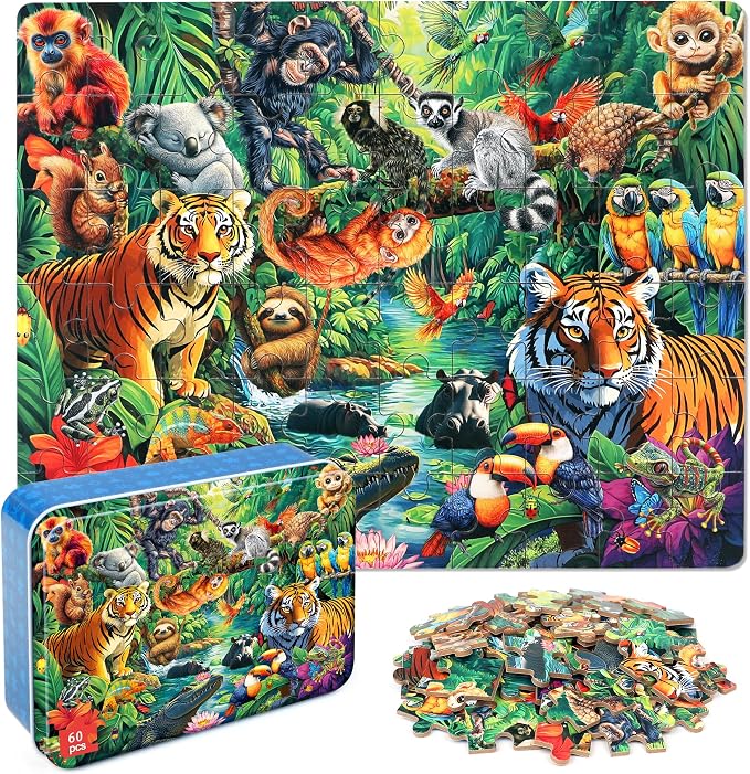 LELEMON Puzzles for Kids Ages 4-6, 60 Piece Puzzles for Kids in Metal Box | Jungle Puzzle Educational Kids Puzzles,Jigsaw Puzzles for Kids Ages 3-5,Childrens Puzzle Games Puzzle Toys for Girls and Boys