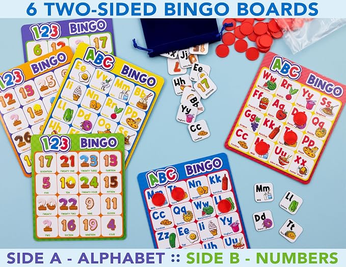 Party Hearty ABC & 123 Bingo Game for Kindergarten & Preschool - Foods | Food Edition, Alphabet and Number, Preschool Kids Learn to Read, Ages 4 and Up