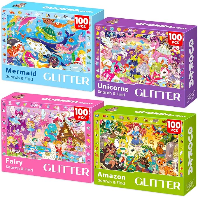 QUOKKA 100 Piece Puzzles for Kids Ages 4-6 – 4 Set Princess Puzzles for Kids Ages 6-8 with Unicorn, Mermaid, Fairy – Search and Find Jigsaw Game for Girls 5-8 – Learning Toy Gift for Toddlers 3-5