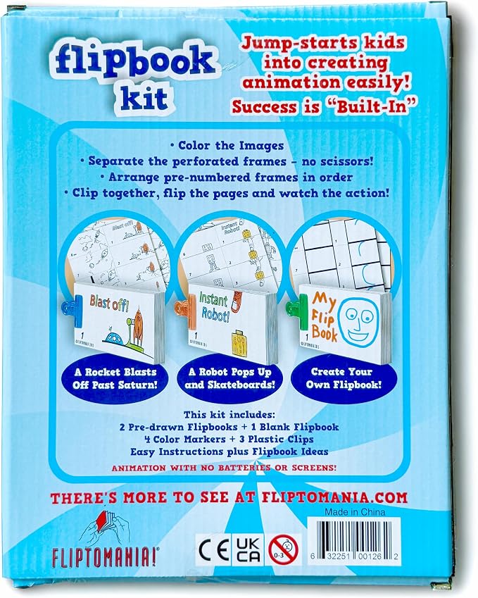 Fliptomania Flipbook Make-Your-Own Flip Book Kit for Kids 3 Pack, Rocket, Robot, & Blank DIY Flipbook Paper, Drawing Kids Arts & Crafts Project Set, Boys and Girls Arts and Crafts for Kids Ages 8-12