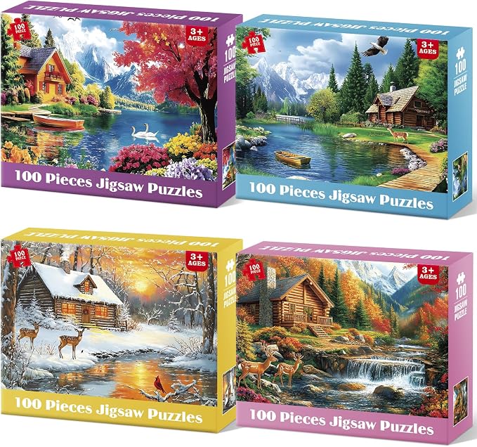 4-Pack 100 Piece Puzzles for Adults 4 Seasons Country Cottages