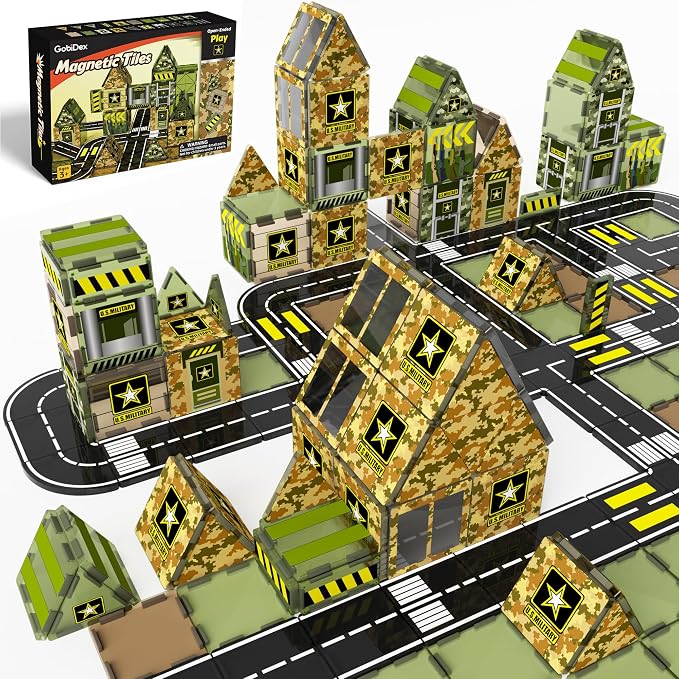 GobiDex Army Toys Magnetic Tiles Building Blocks Set for Kids Ages 3+ | STEM Magnet Military Toys for Kids Ages 3-5 4-8, Army Men Military Base Building Play, Educational Birthday Gifts for Boys