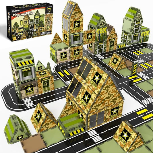 GobiDex Army Toys Magnetic Tiles Building Blocks Set for Kids Ages 3+ | STEM Magnet Military Toys for Kids Ages 3-5 4-8, Army Men Military Base Building Play, Educational Birthday Gifts for Boys