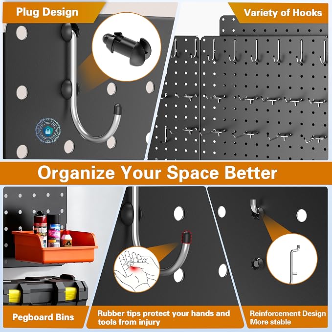 Peg Board, 112PCS Heavy Duty Metal Pegboard with Hooks, 6 Pack Black Peg Board Panels, 60lbs Load Capacity Each, Pegboard Wall Organizer for Garage, Workshop, Kitchen, Craft Rooms