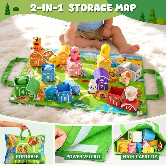 Montessori Farm Animal Toddler Toys Sorting Finger Puppets Playmat | Montessori Learning toys, 10 animal finger puppets, 2-in-1 playmat storage bag, matching game for toddler preschool gift