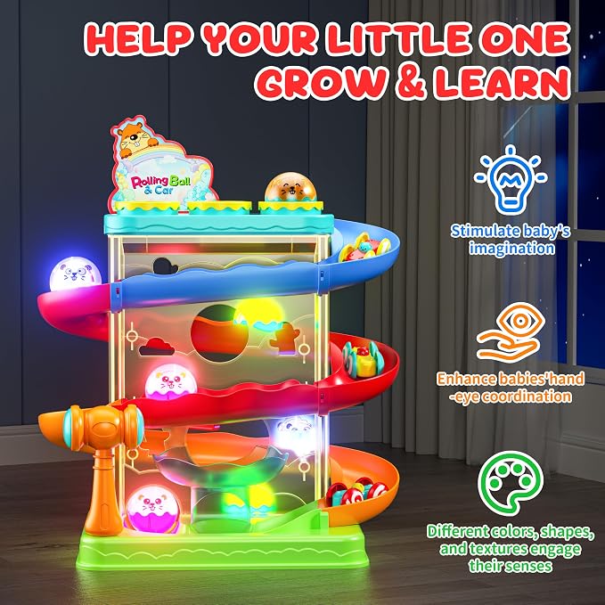 2-in-1 Ball Drop & Car Ramp Race Track Montessori Toy for Toddlers Ages 1-5 | Hammer Rolling Ball, Launch and Race Car-Cause and Effect Sensory STEM Learning Toys for 1-5 Year Old Boys & Girls