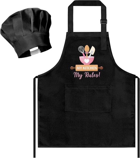 R HORSE Kid Apron and Chef Hat Set 2Pcs Adjustable Black My Kitchen Children Kitchen Apron, Dress up Role Play Chef Toy Funny Cooking Baking Painting and Training Kits for Kids Birthday Holiday Gift