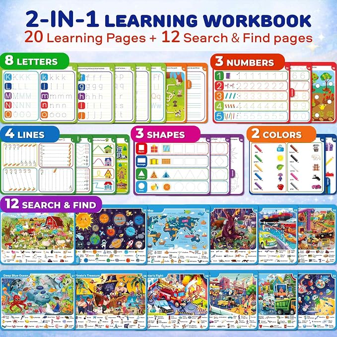 Busy Book for Toddlers 3-5 - Reusable Dry Erase Workbooks for Kids 4-6 | Adventure Search and Find Activity Pad - Toddler Workbook with Markers for Travel and Quiet Time