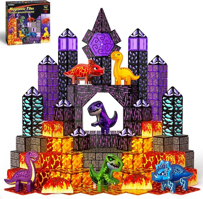 GobiDex 80PCS Dinosaur Toys Magnetic Tiles Building Blocks for Kids Ages 3+ | Jurassic Dinosaur World Adventure Theme, STEM Magnetic Blocks Building Play, Creative Brthday Gifts for Boys Girls