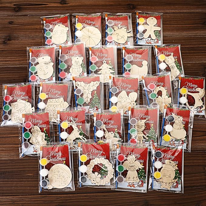 Saypacck 24 Pcs Christmas Party Favors Wooden Paint Craft Kits | DIY Painting Crafts with Brush Organza Bags, Christmas Stocking Stuffer Gifts, Festive Ornament Shapes