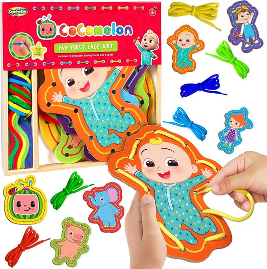 Cocomelon My First Lace Art- Wooden Cocomelon Tracing Activity- 6 Characters & 6 Laces Included- Fine Motor Development Toy for Toddlers & Preschoolers- Reusable Craft Kit-Gift for Boys Girls 3+