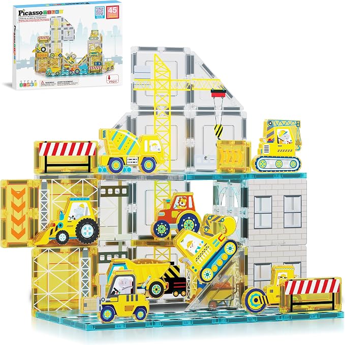 PicassoTiles Magnet Tiles Magnetic Building Blocks with 8 Construction Vehicles Crank Truck Excavator Bulldozer Road Roller Concrete Mixer Tractor Dump Truck Forklift Toys Learning Kids Ages 3+ PTQ11 | 8 trucks, crane, excavator, bulldozer, dump, road ...