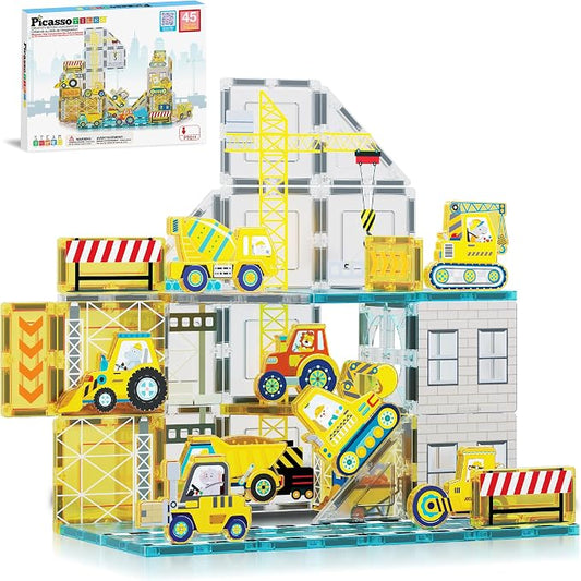 PicassoTiles Magnet Tiles Magnetic Building Blocks with 8 Construction Vehicles Crank Truck Excavator Bulldozer Road Roller Concrete Mixer Tractor Dump Truck Forklift Toys Learning Kids Ages 3+ PTQ11 | 8 trucks, crane, excavator, bulldozer, dump, road ...