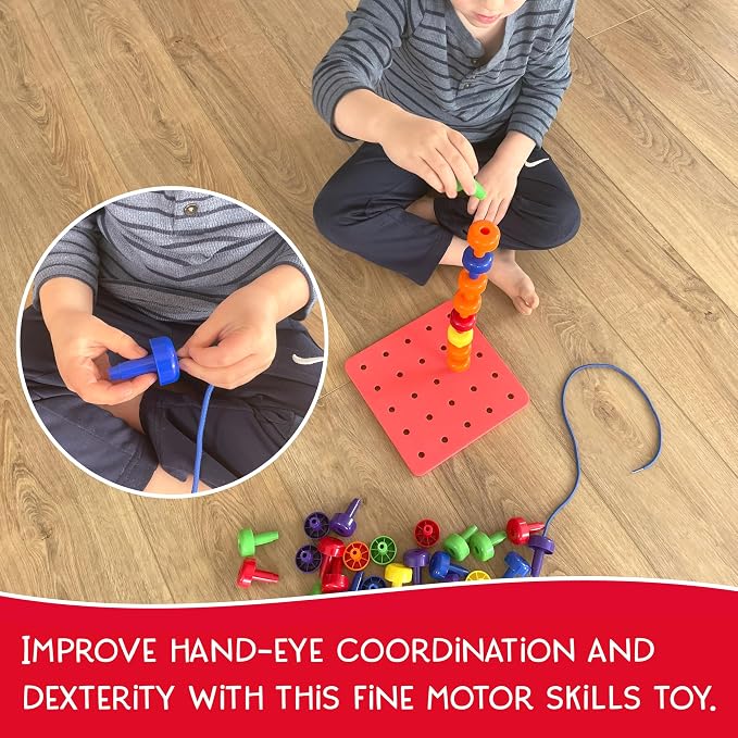Blu Jay Foam Peg Board Toy - 36 Pegs, Foam Board, Lacing String, Storage Bag - Occupational Therapy Toys - Fine Motor Skills Toys for Toddlers and Kids (Red)
