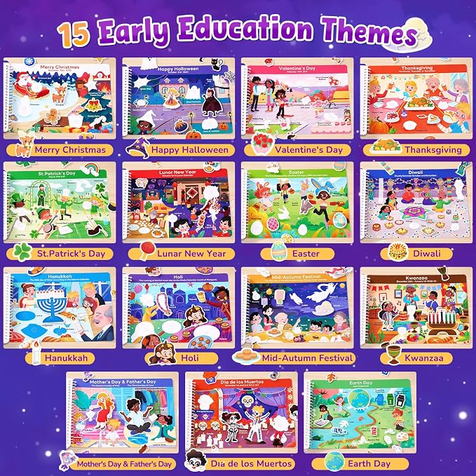 JoyCat Holiday Busy Book for Toddlers Ages 3-5, English | 15 holidays including Easter, Diwali and Thanksgiving encourage creativity and preschool skills at home or during travel