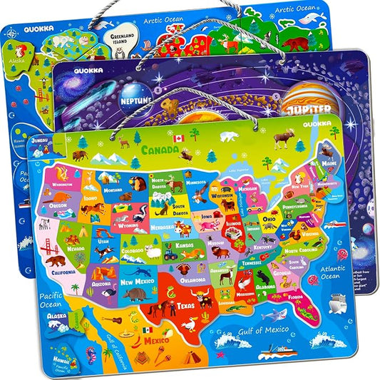 Magnetic Puzzles for Kids Ages 3-5 — 3 Educational Toddlers Puzzle Ages 2-4 | Magnet Space, USA and World Map Kids Puzzles Ages 4-6 — Learning United States Puzzles for Children Ages 6-8