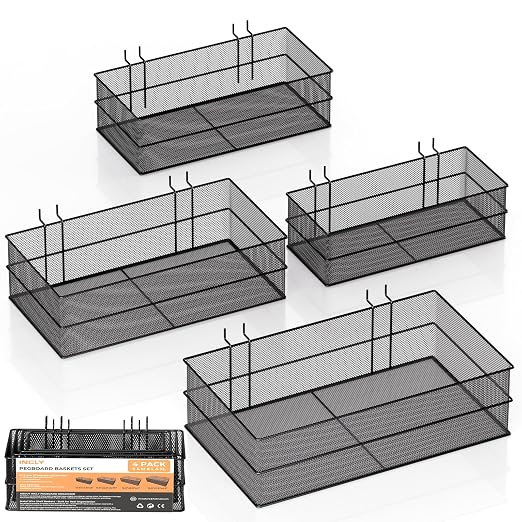 INCLY 4 Pack Upgrade Pegboard Baskets, 4 Sizes Square Metal Mesh Basket | Peg Board Organizer Accessories, For Garage Craft Room Office Kitchen, Pegboard Baskets and Bins