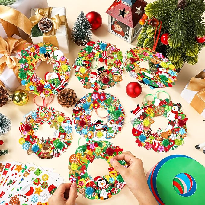 Hollowfly 48 Sets Christmas Wreath Craft Kits with Stickers | 8 Santa, Elk and Penguin Designs, 7.09 in Paper Hanging Ornaments for Christmas Parties and Classroom Activities