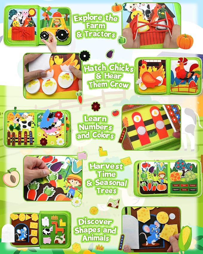 Busy Board for Toddlers 1-3 – Montessori Busy Toys for 1 2 3 Year Old Boys Girls, Preschool Educational Travel Quiet Activity Book with Life Skills, Sorting, Matching, and Cognitive Games