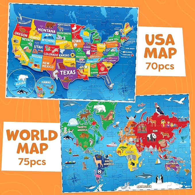 Puzzles for Kids Ages 4-6-8-145pcs World Map & United States Puzzle - Educational Toys for 4+ Year Old - Kids Puzzles Ages 5-8 - Puzzle Games for Kids Ages 5-8 - Gifts for 4 Year Old Girl, Boys