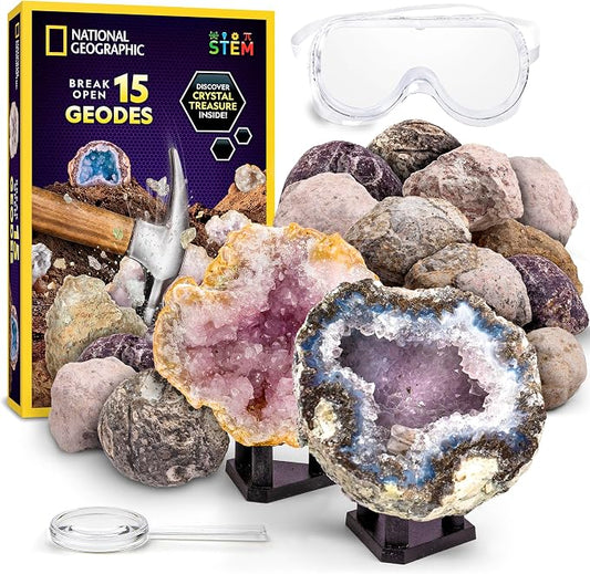 National Geographic Break Open 15 Premium Geodes Science Kit for Kids | Extra-Large Natural Specimens, Safety Goggles, Real Crystals Inside, Break Your Own Geodes, Earth Science, Birthday Gift